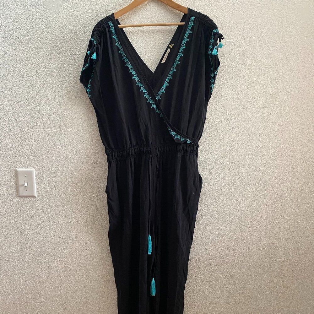 Soft Surroundings Black Baja Turquoise Embroidered Jumpsuit Romper Size XL 29039